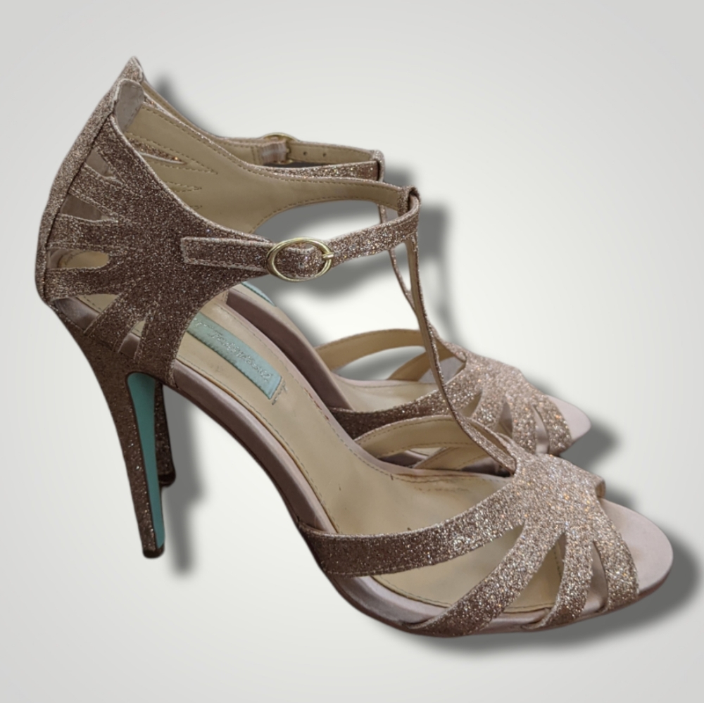 Blue Betsey Johnson T Strap Champagne Gold Glitter Strappy Heeled Sandals Sz 7.5